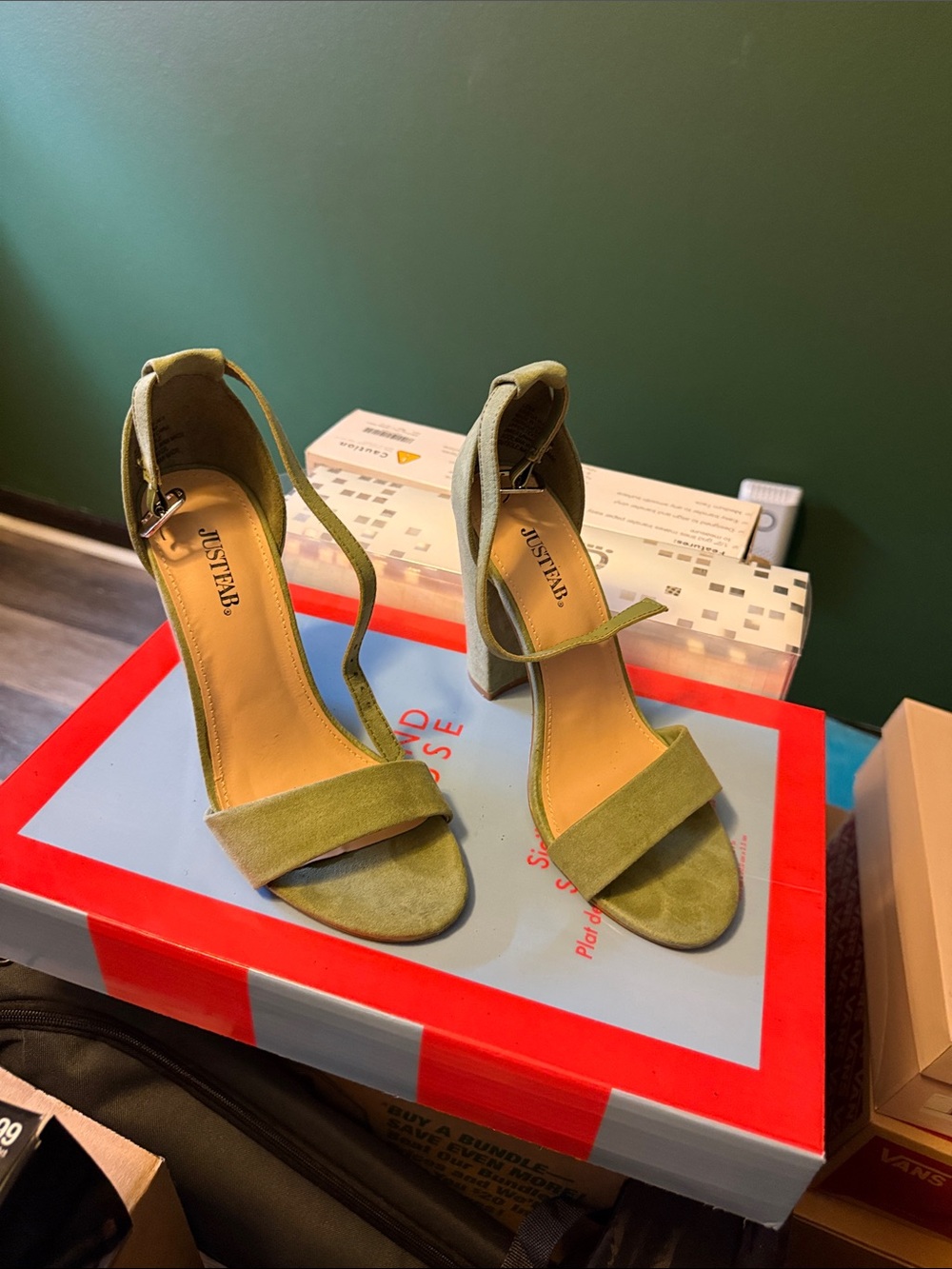 JustFab Olive Green Suede Ankle-Strap Block Heels